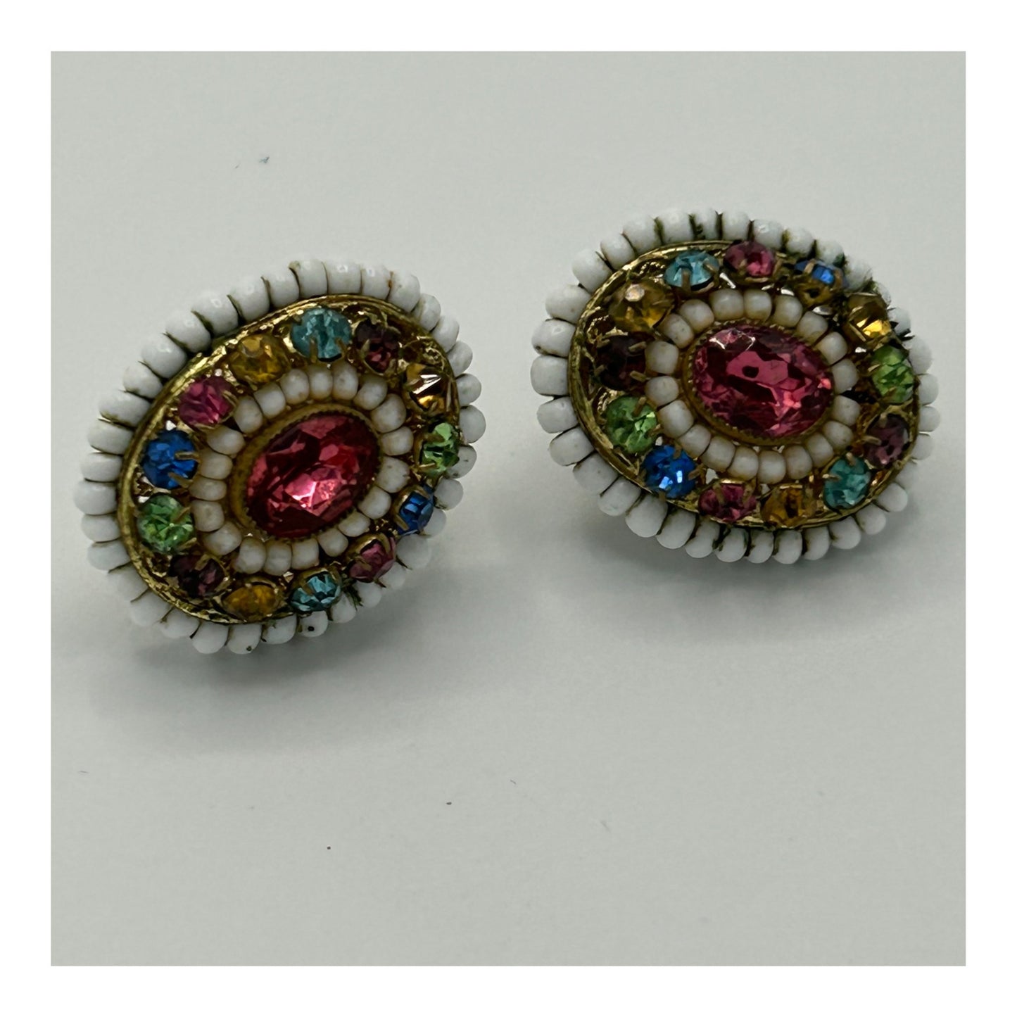 Vintage 1960s Gorgeous Seed Bead & Multicolour Glass Stone Set Oval Screw Back Earrings