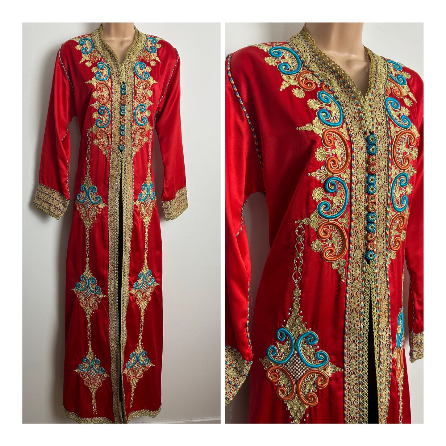 Vintage Up To Size 12 Beautiful Red & Gold Satin Highly Detailed & Embellished Kaftan