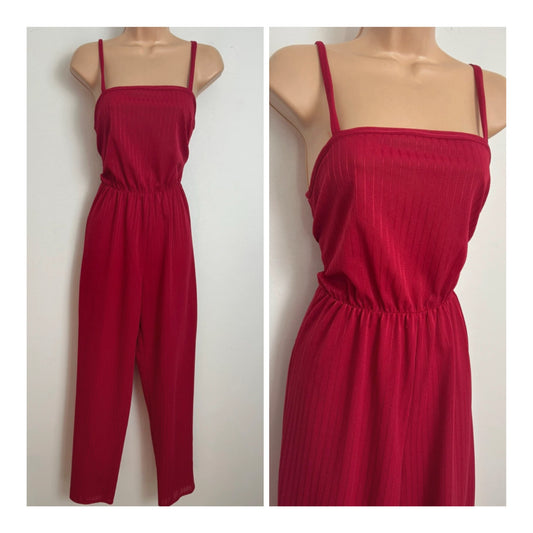 Vintage Late 1970s Size 8/10 Raspberry Red Stripe Strappy Tapered Leg Jumpsuit