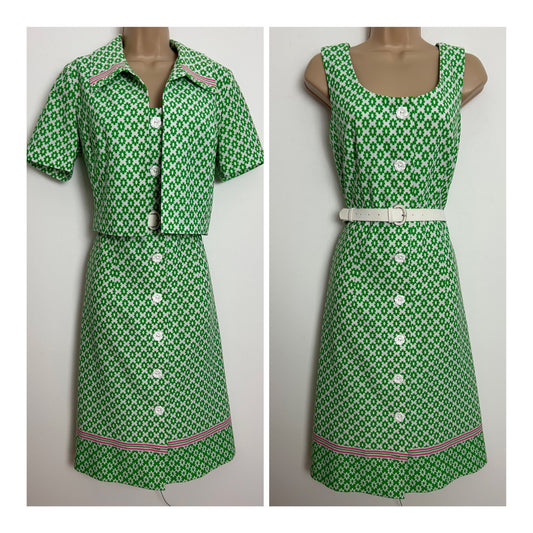 Vintage 1960s MARY HARNES Size 12 Green & White Daisy Floral Print Dress & Jacket Two Piece Set