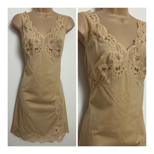 Vintage 1960s Size 12 Nude Beige Lace Trim Nylon Slip