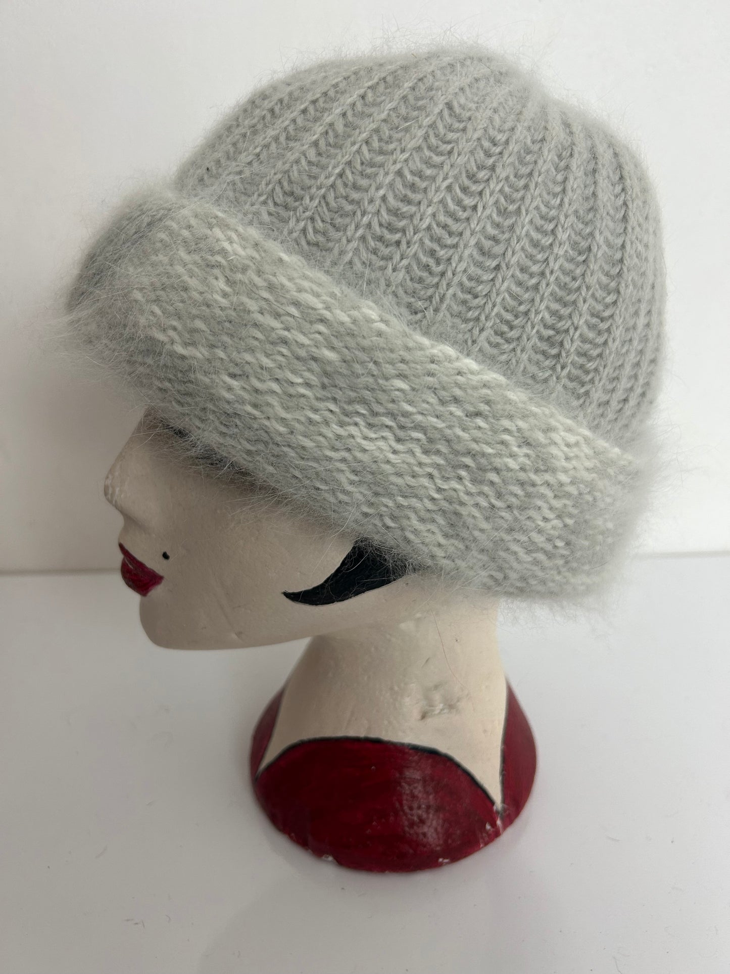 Vintage Pale Grey Wool & Angora Mix Turn Up Detail Beanie Winter Hat