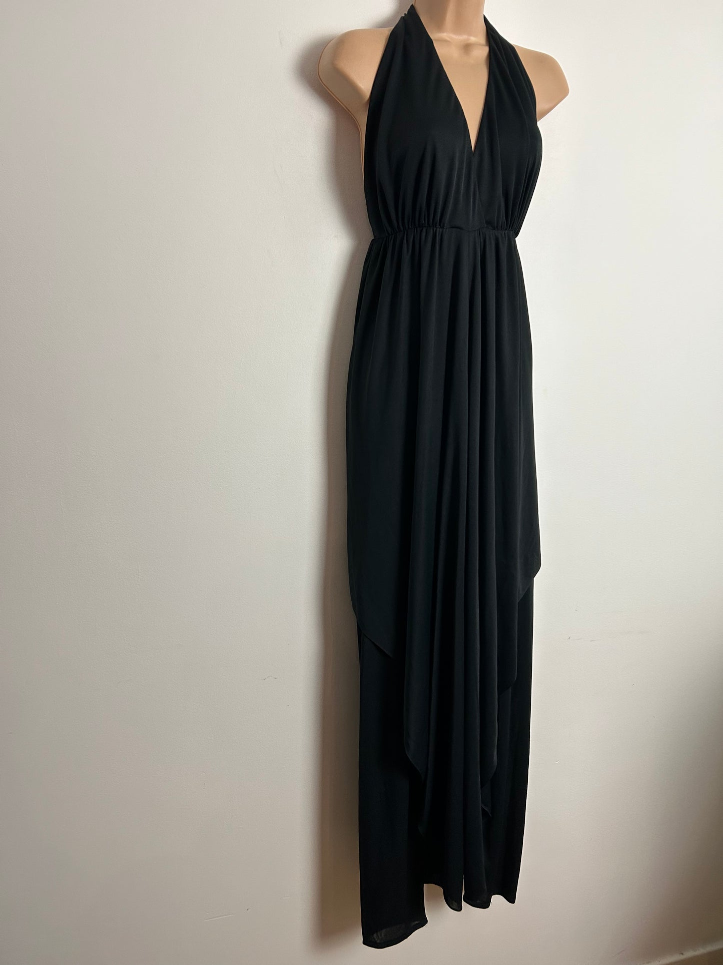 Vintage Late 1970s SHUBETTE UK Size 10-12 Black Halter Neck Open Back Layered Evening Occasion Jumpsuit