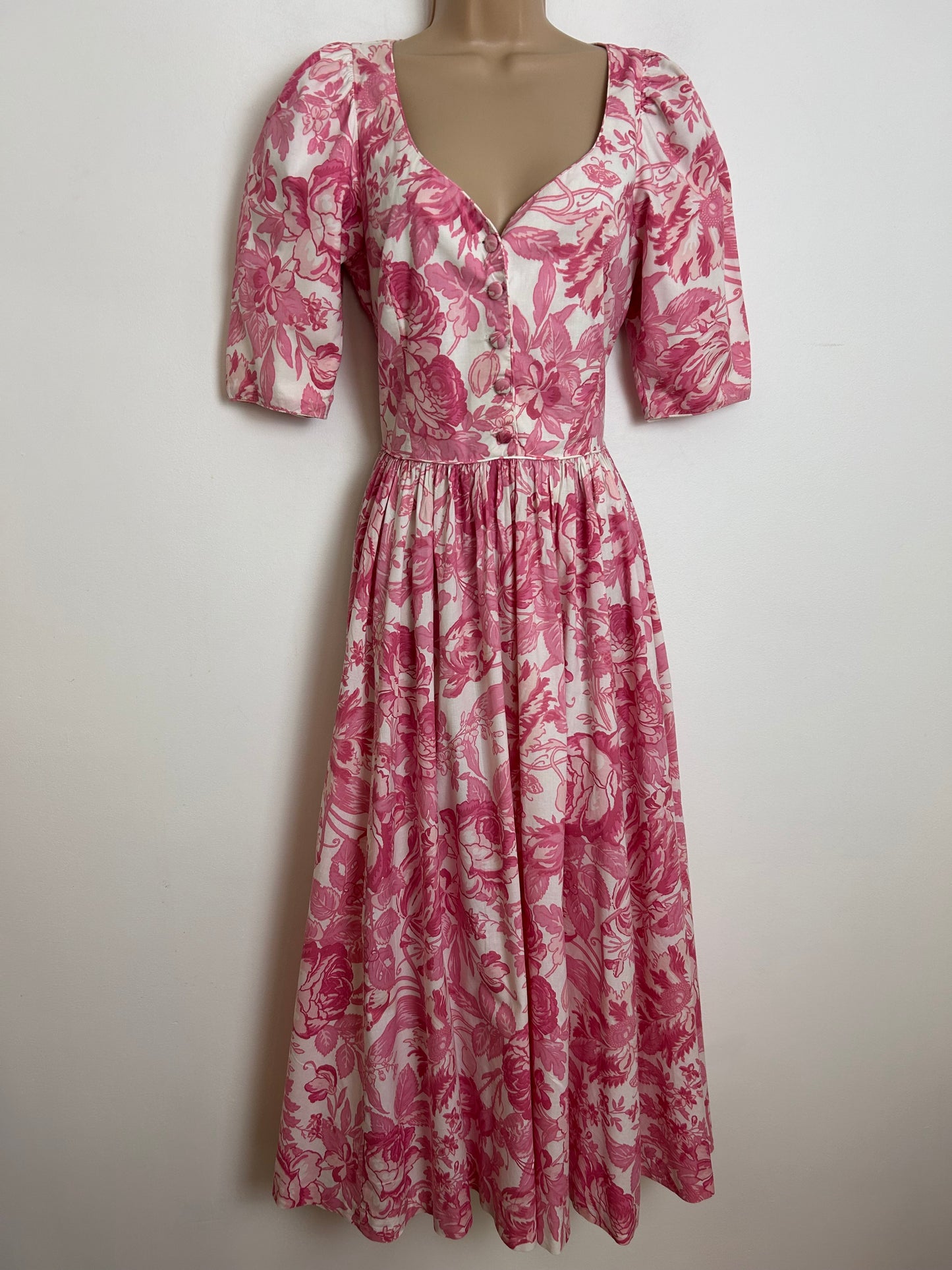 Vintage 1980s LAURA ASHLEY Size 10 (14 On label) Pink & white Floral Bird & Butterfly Print Cotton Midi Dress