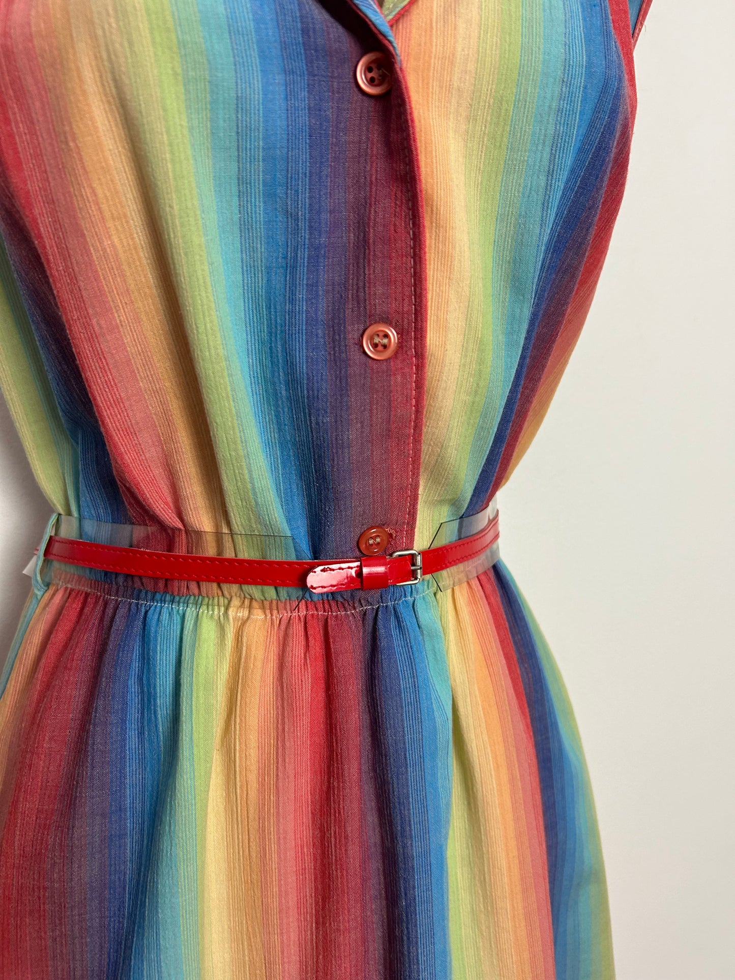Vintage Early 1980s UK Size 10 Orange Red Yellow Green & Blue Stripe Print Belted Cotton Day Dress