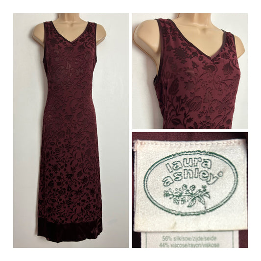 Vintage 1990s LAURA ASHLEY UK Size 10 (Size 12 On Label) Dark Claret Red Floral Damask Silk Mix Midi Occasion Dress