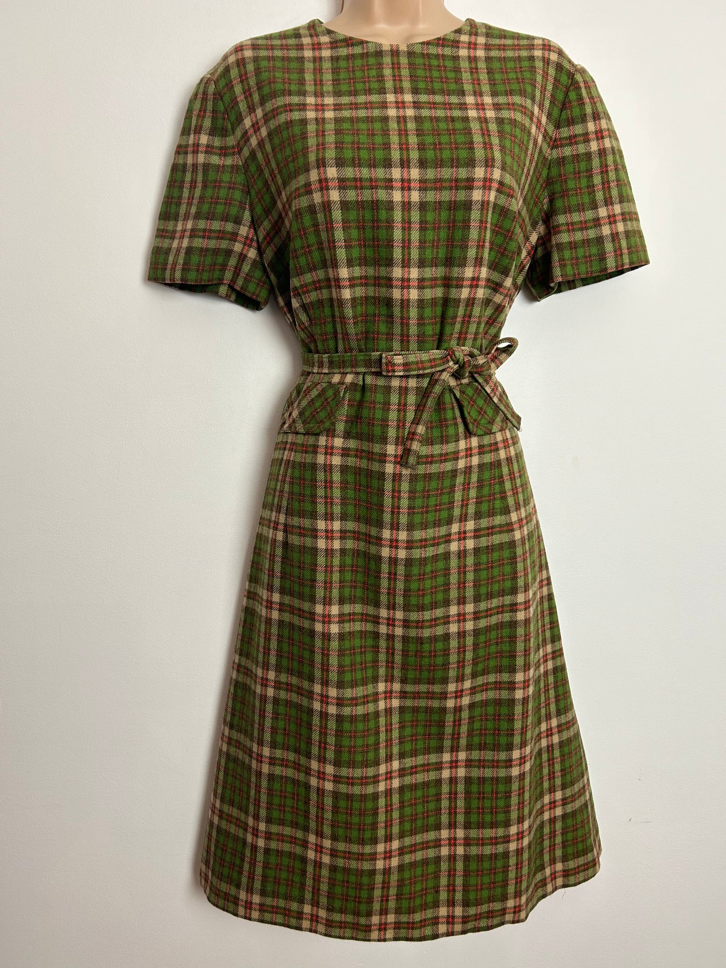 Vintage Early 1960s PENDLETON USA UK Size 14 Green Tartan Check 100% Virgin Wool Short Sleeve Belted Day Dress