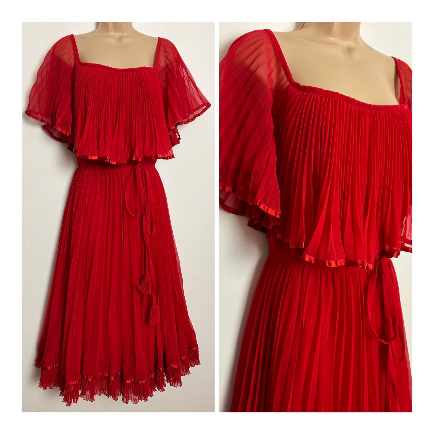 Vintage 1970s DP GOWNS BY CHRISTINA STAMBOLIAN UK Size 8 Red Pleated Belted Layered Occasion Dress