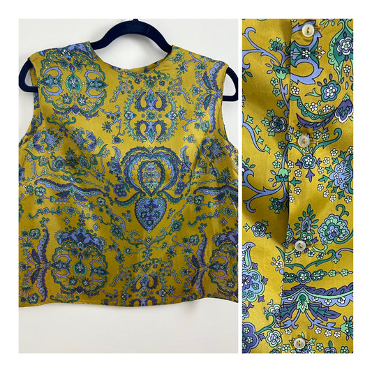 Vintage 1960s Size 12 Olive Green Purple & Lilac Nouveau Floral Print Sleeveless Blouse