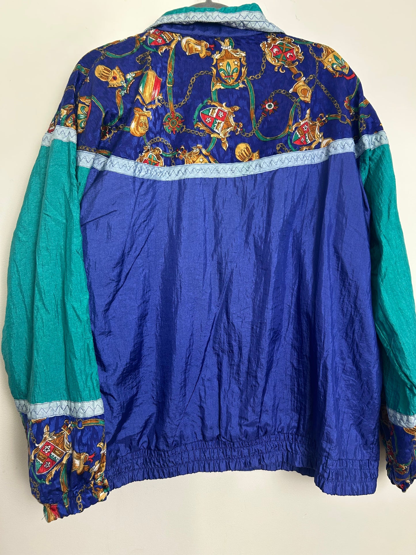 Vintage 1980s ACTIVE FRONTIER Size L (Up To Size 16) Blue & Green Baroque Novelty Print Shell Suit Jacket