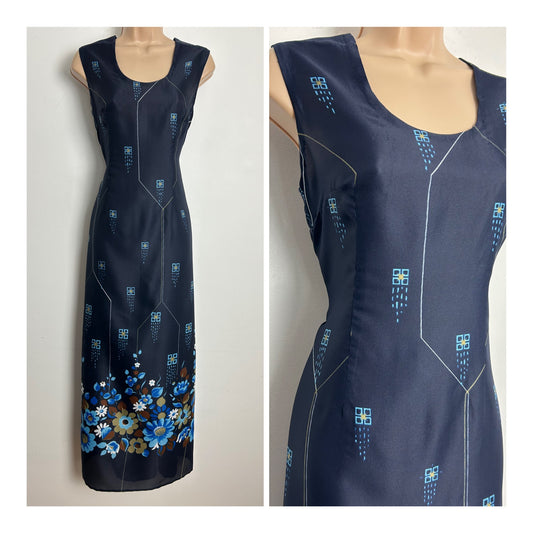 Vintage 1970s Size 10 Navy Blue Floral & Geo Print Lightweight Nylon Maxi Dress