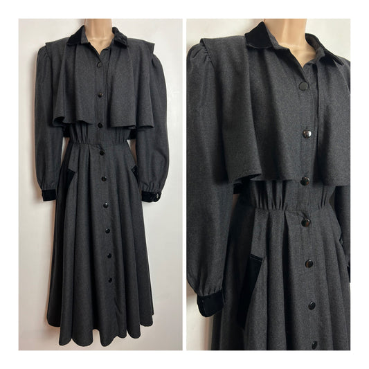 Vintage 1980s UK Size 10 Dark Grey & Black Velvet Trim Cape Style 100% Wool Long Sleeve Midi Dress