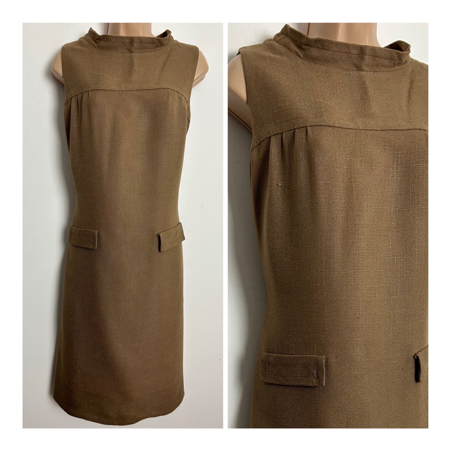 Vintage Early 1970s UK Size 10-12 ST MICHAEL Camel Brown Sleeveless Rayon Mock Pockets Shift Dress