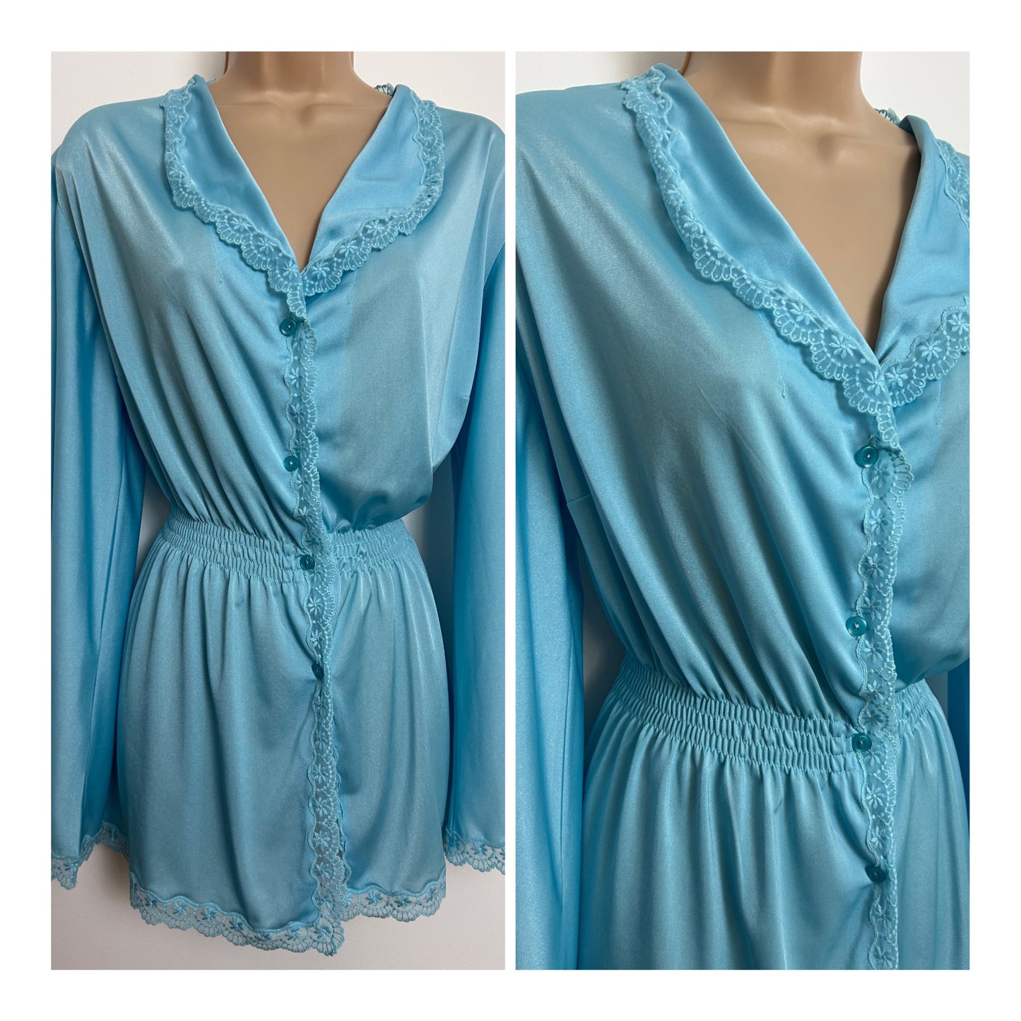 Vintage 1970s Size 12-14 Blue Lace Trim Long Sleeve Shirred Waist Bed Shirt/Jacket