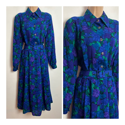 Vintage 1980s MARIAN DONALDSON UK Size 14 Blue Purple & Green Floral Print 100% Wool Belted Day Dress
