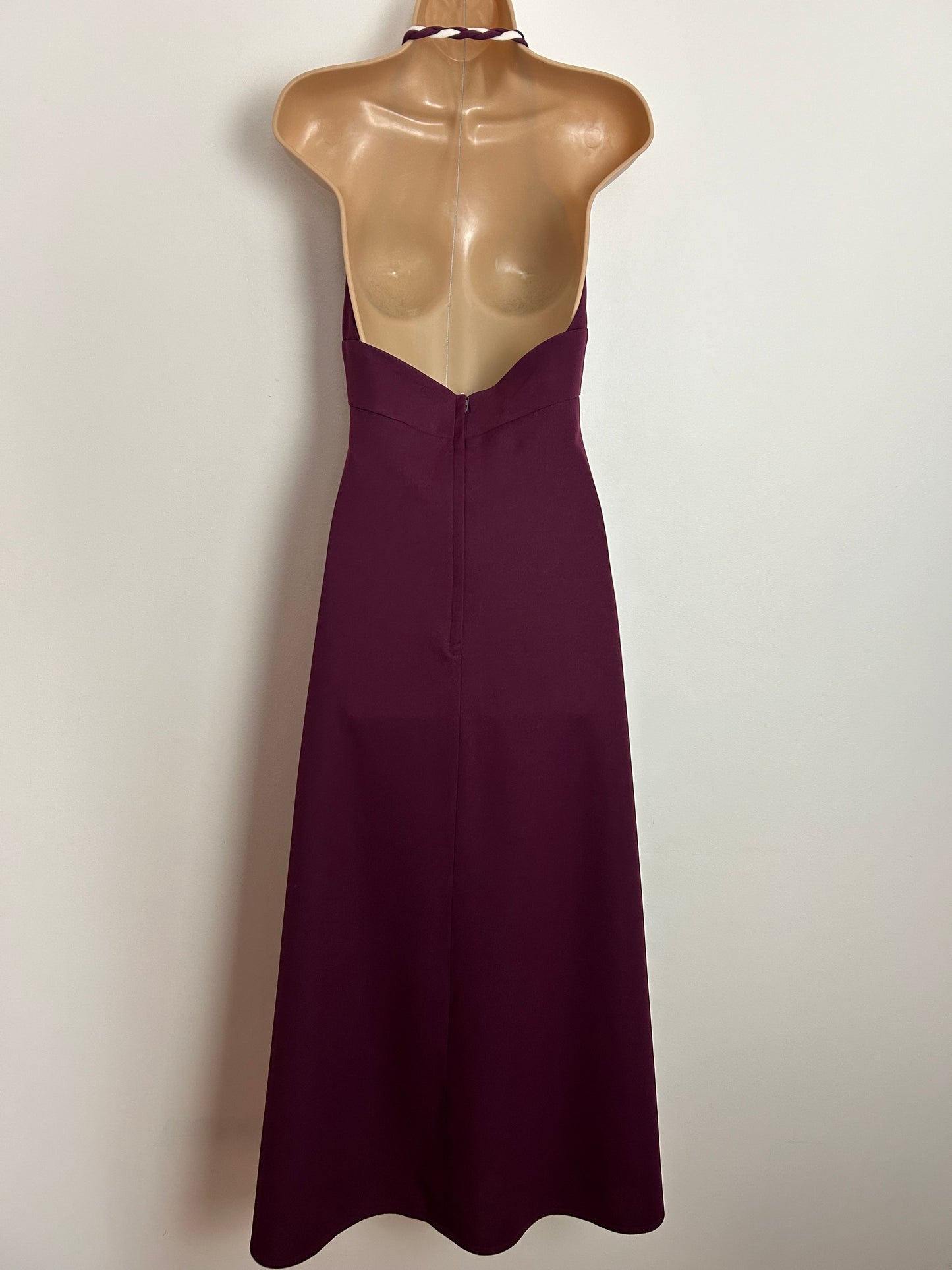 Vintage 1970s UK Size 8 PEGGY PAGE Plum Purple Plaited Halterneck Open Back Plunge Neck Summer Maxi Dress