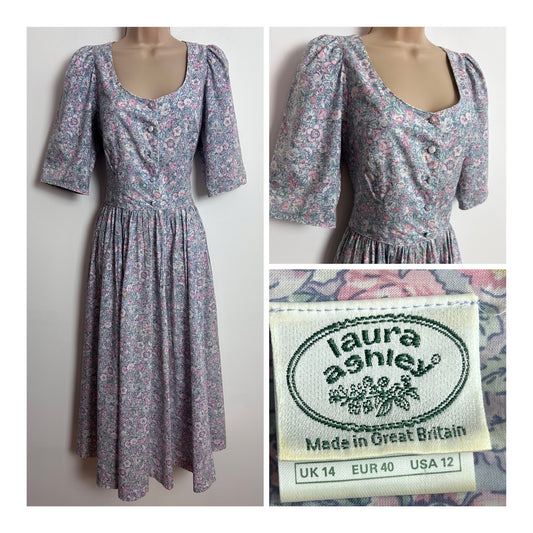 Vintage 1980s LAURA ASHLEY UK Size 10 (Size 14 On Label) Pastel Blue & Pink Floral Print Cotton Midi Tea Dress