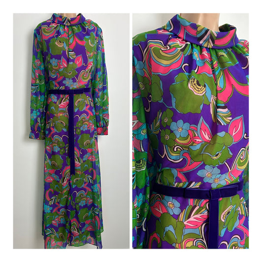Vintage 1970s Size 16 Purple Green & Pink Psychedelic Floral Print Chiffon Long Sleeve Maxi Dress