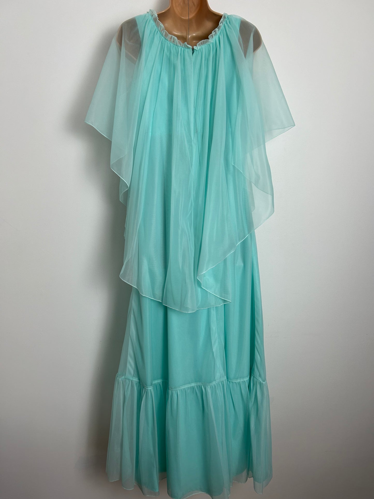 Vintage 1970s UK Size 8 Pale Icy Mint Green Nylon Cape Sleeve Plaited Boho Occasion Maxi Dress