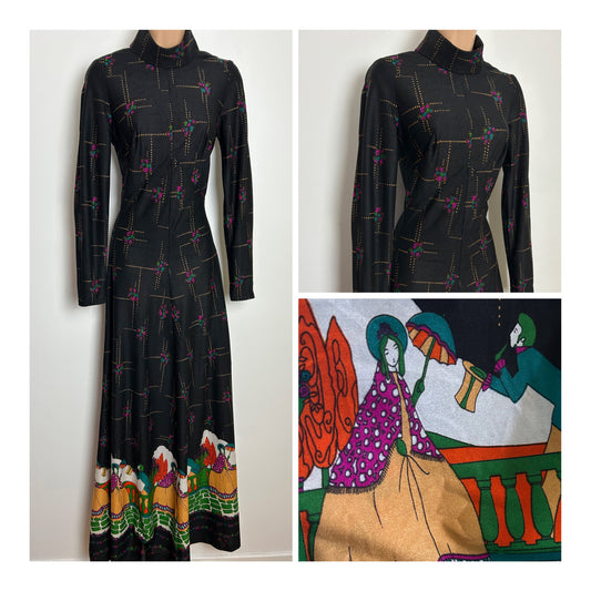 Vintage 1970s Size 6 Black Pink Orange & Green Floral Crinoline Lady & Suitor Novelty Print Long Sleeve Maxi Dress