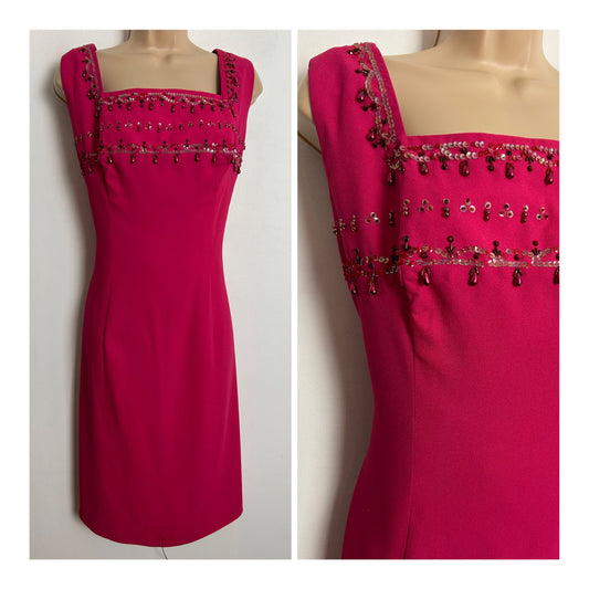 Vintage 1960s UK Size 12-14 Hot Pink Bead & Sequin Embellished Shift Style Party Occasion Dress