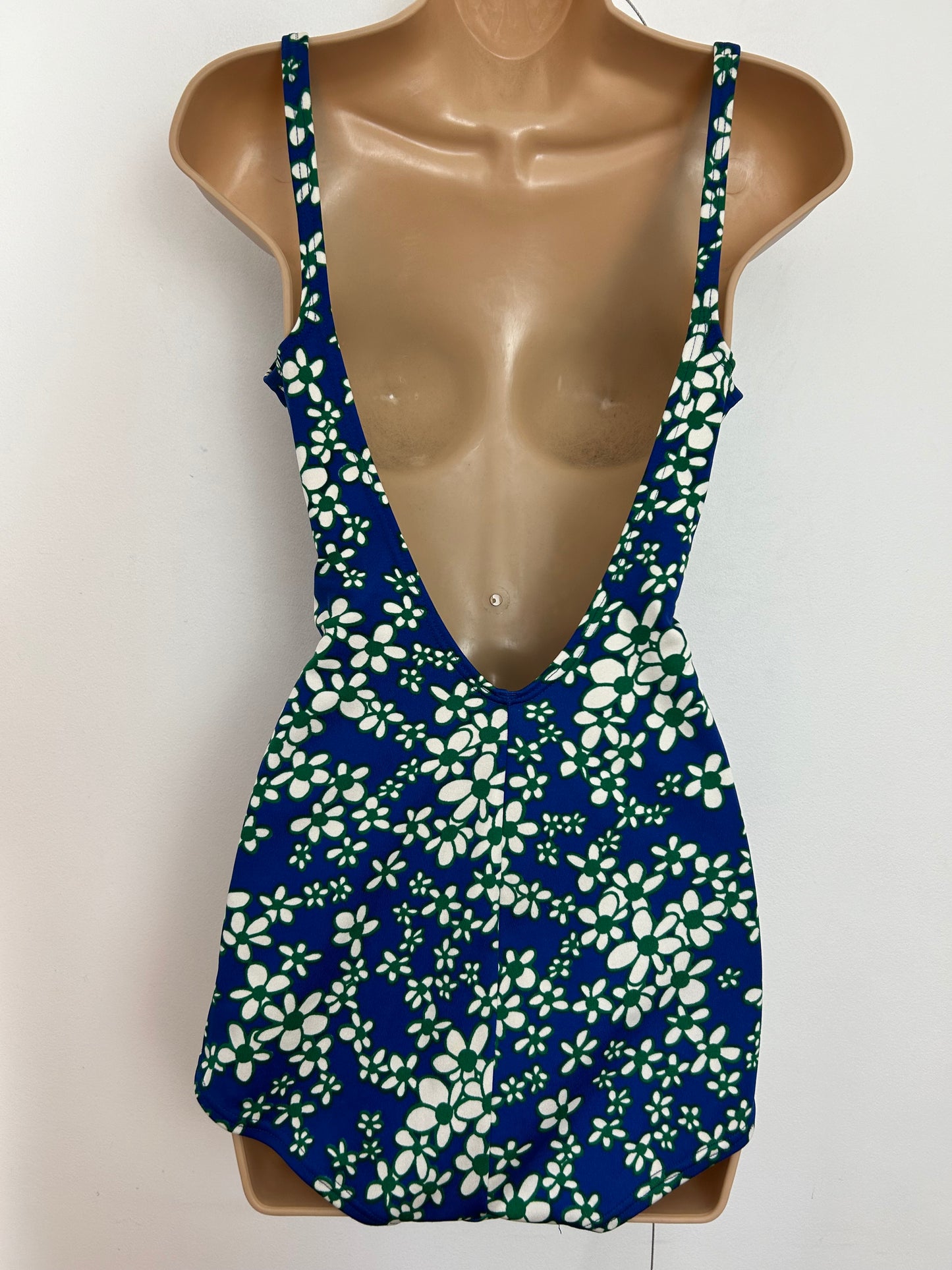Vintage 1960s BLEYLE Approx UK Size 12 Blue Green & White Floral Print Low Cut Leg Swimsuit Bathing Costume
