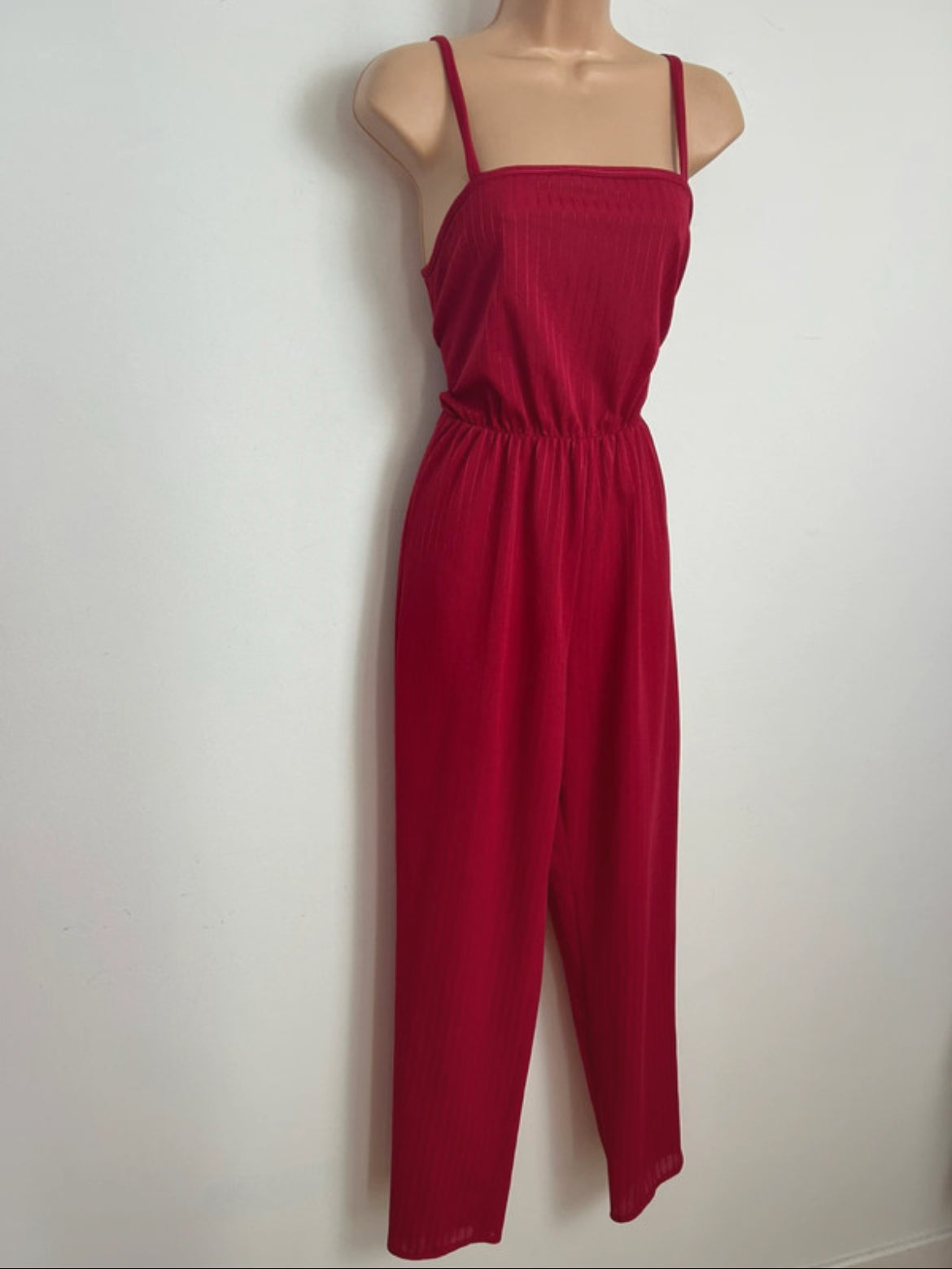 Vintage Late 1970s Size 8/10 Raspberry Red Stripe Strappy Tapered Leg Jumpsuit