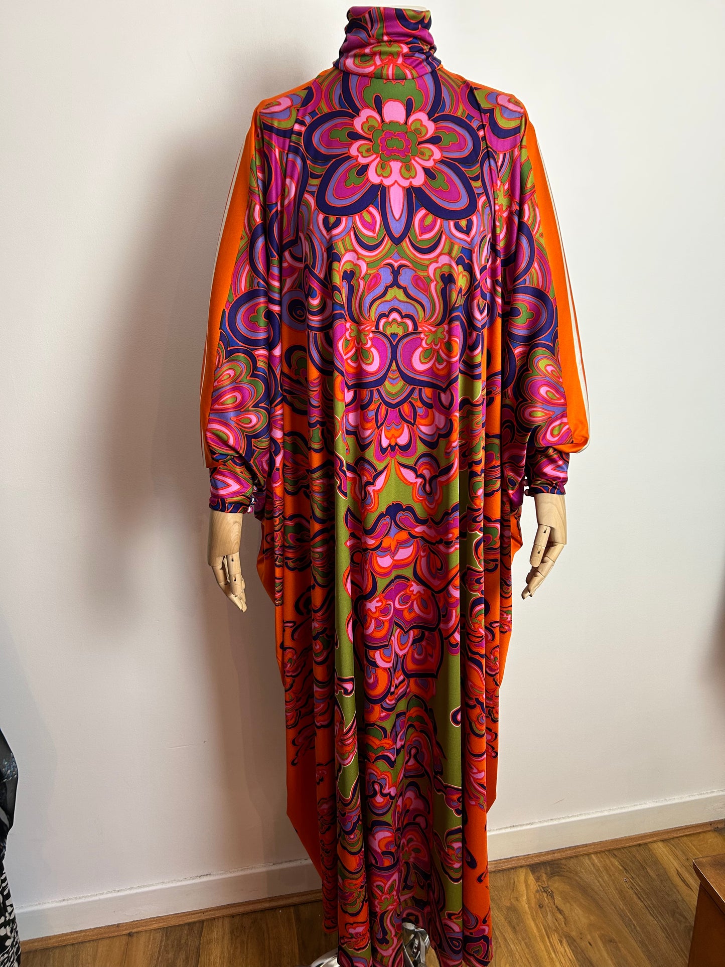 Vintage 1970s ROSITTA Of VIENNA RARE One Size Silk Jersey Orange Pink Blue & Green Psychedelic Floral Print Very Special Occasion Kaftan Maxi Dress