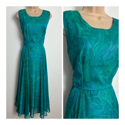 Vintage 1970s JOHN KALDOR fabric Size 10 Beautiful Green Tones Silk Chiffon Crepe Midi Dress