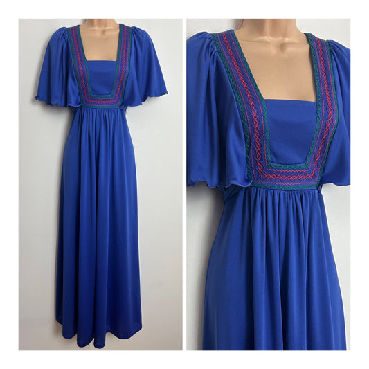 Vintage 1970s MR DARREN UK Size 6-8 Blue Embroidered Detail Flutter Sleeve Boho Maxi Dress