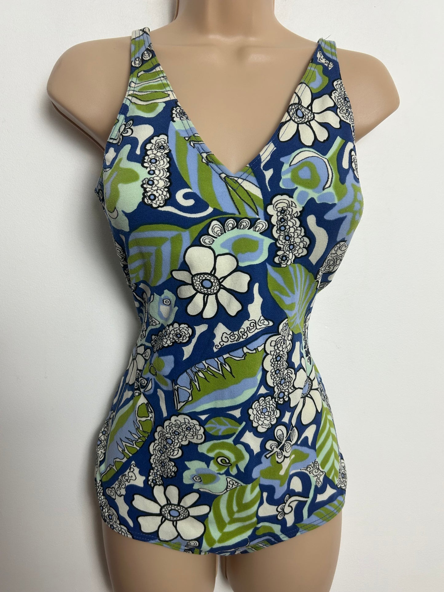 Vintage Late 1960s RASUREL Size 16 Blue & Green Floral & Leaf Print Padded Swimsuit