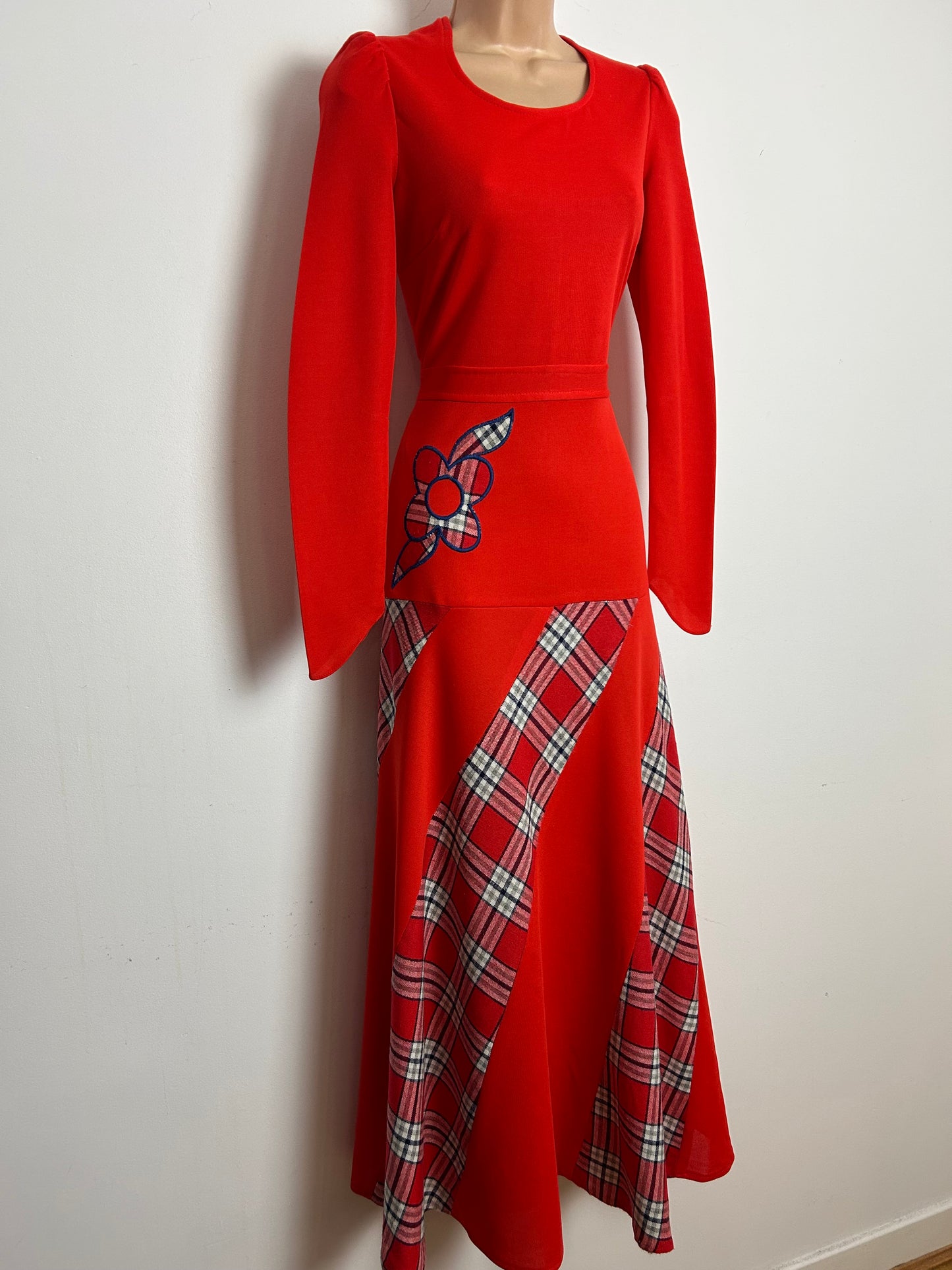 Vintage 1970s Size 8 Red Tartan Check Panels Applique Detail Long Sleeve Maxi Dress