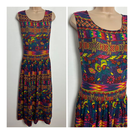 Vintage 1990s BRYN CONNELLY Size M 12 Purple Red Yellow & Green Abstract Print Indian Cotton Gather Pleated Smock Style Midi Dress