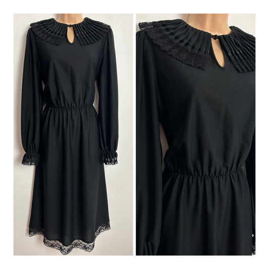 Vintage 1980s ST MICHAEL UK Size 12-14 Black Pleated Lace & Ribbon Trim Collar Long Sleeve Day Dress