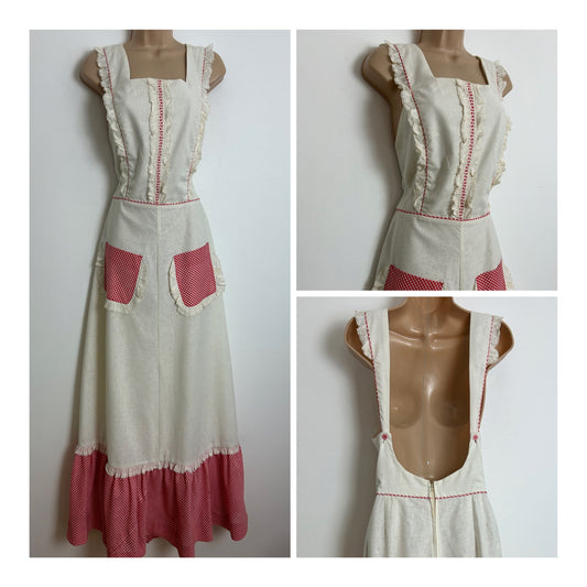 Vintage 1970s MR K Size 8 White & Red Gingham Contrast Open Back Pocket Detail Summer Prairie Boho Maxi Dress