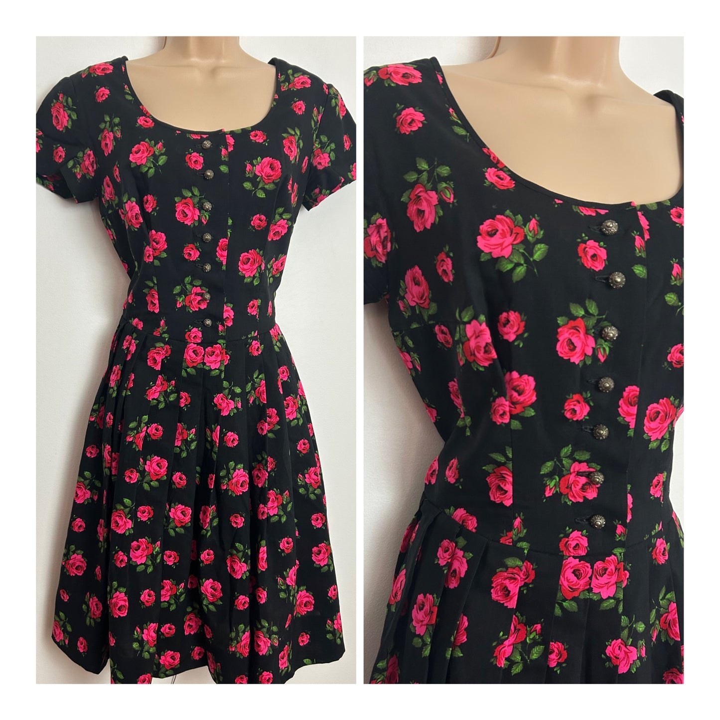 Vintage 1950s FANNY WITTKE TYROLEAN Size 8 Black & Pink Rose Floral Print Cotton Pleated Dirndl Traditional Folk Dress