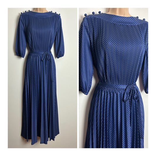 Vintage 1970s Size 10-12 Navy Blue & White Polka Dot Plisse Pleated Boho Belted Maxi Dress