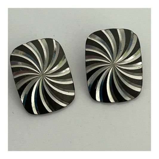 Vintage 1960s Stainless Steel Silver Colour Carved Clip On Earrings