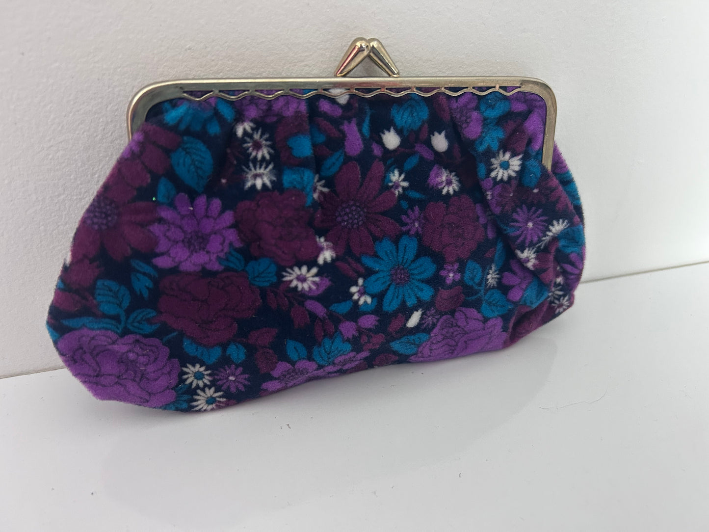 Vintage 1960s Cute Black Purple & Teal Floral Print Small Velour Purse