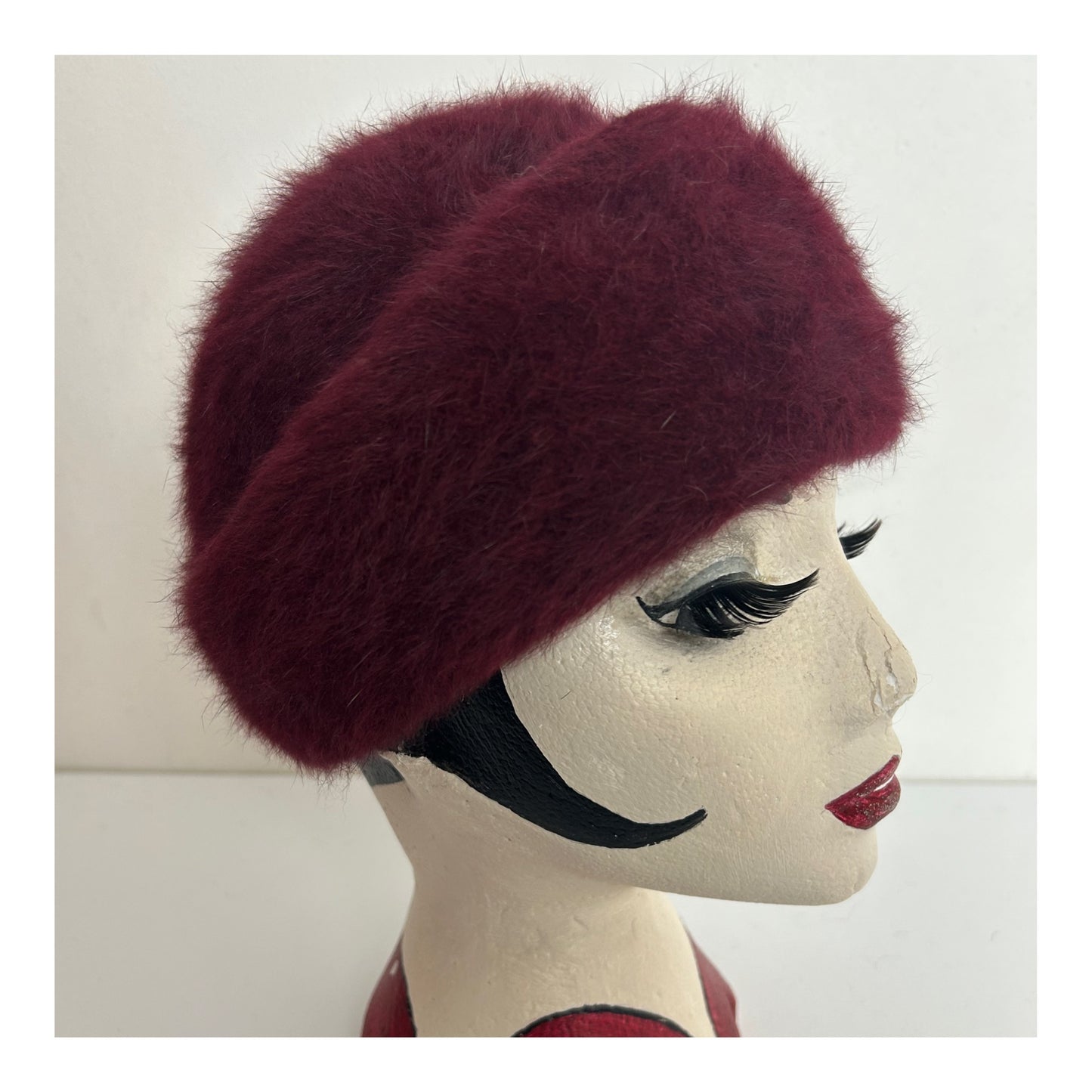 Vintage 1960s Maroon Angora Mix Pill Box Style Hat