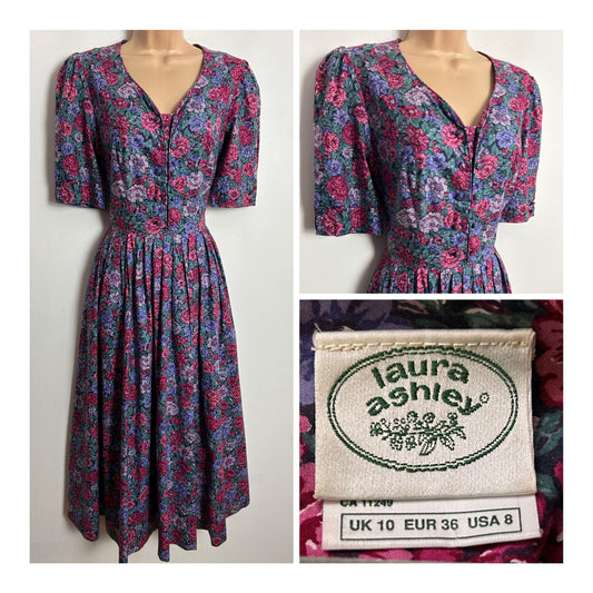 Vintage 1980s LAURA ASHLEY UK Size 8 (Size 10 On Label) Dark Pink Violet & Green Floral Print 100% Cotton Pleated Day Dress