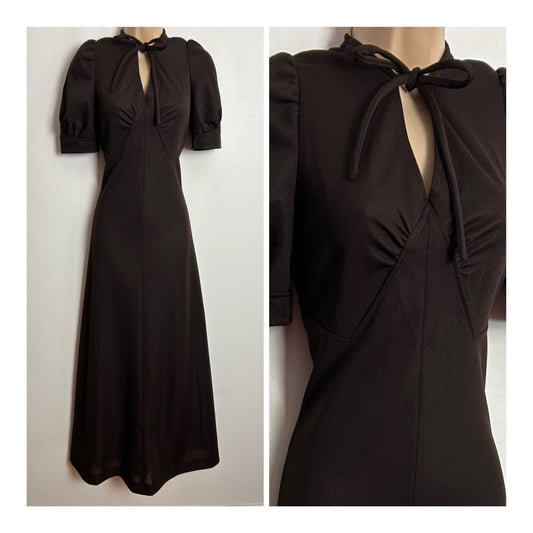 Vintage 1970s UK Size 6-8 Chocolate Brown Short Sleeve Tie Neck Boho Maxi Dress