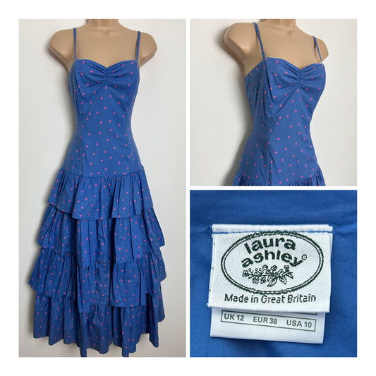 Vintage 1980s LAURA ASHLEY Size 8 Blue & Pink Polka Dot Print Layered Ra Ra Style Midaxi Dress