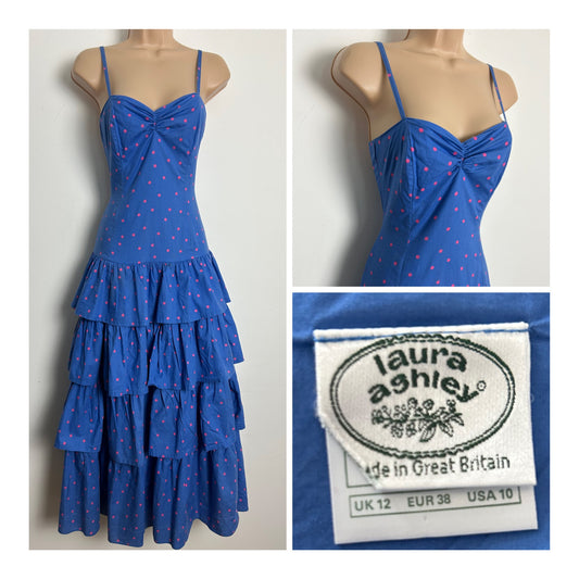 Vintage 1980s LAURA ASHLEY Size 8 (Size 12 On Label) Blue & Pink Polka Dot Print Layered Cotton Summer Dress