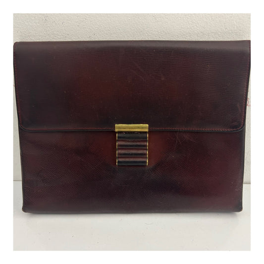 Vintage 1940s Dark Reddish Brown Real Leather Clutch Handbag With Hand Strap