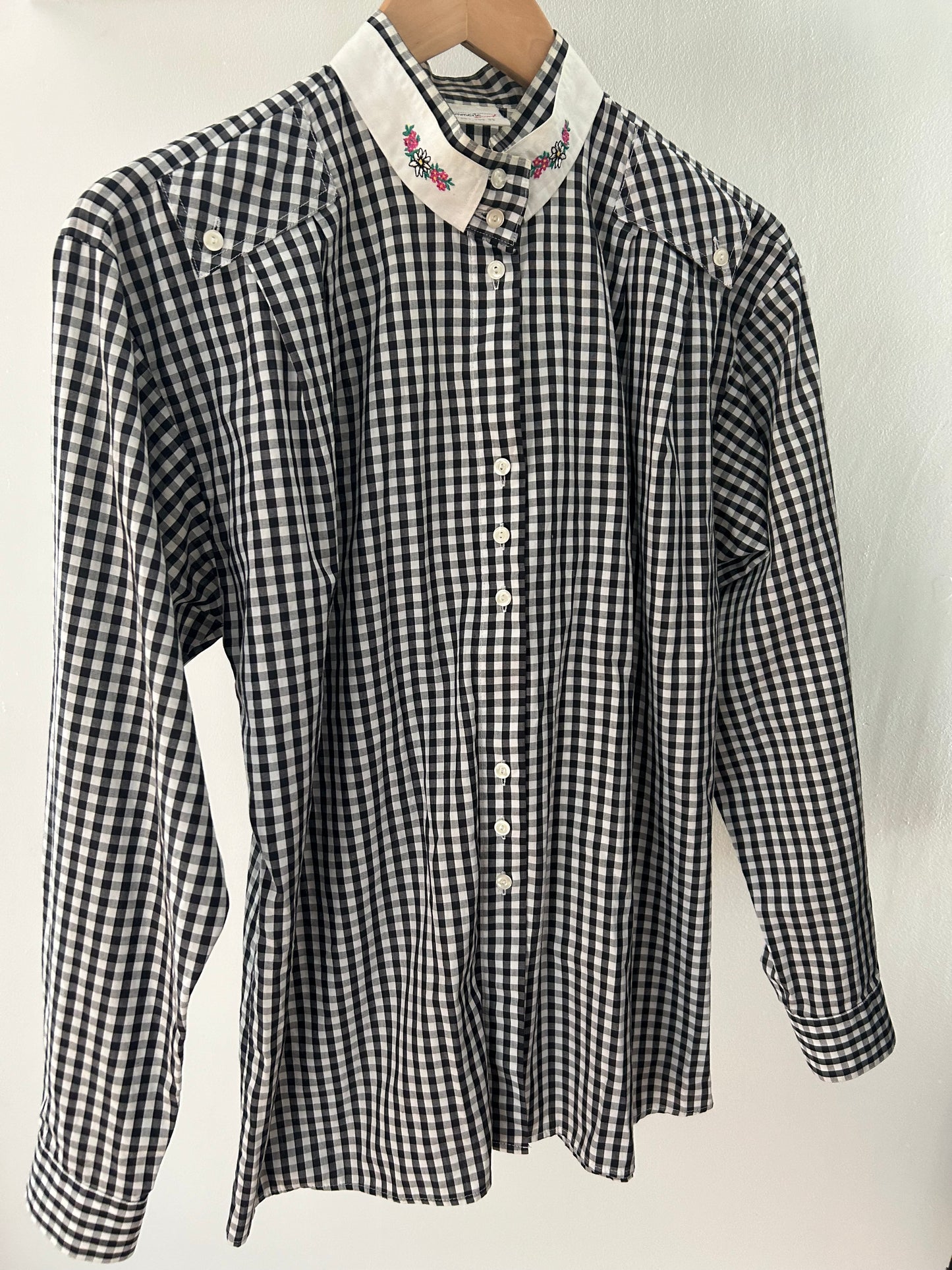 Vintage 1980s UK Size 14 Black & White Gingham Check Cotton Long Sleeve Embroidered Cotton Detail Shirt