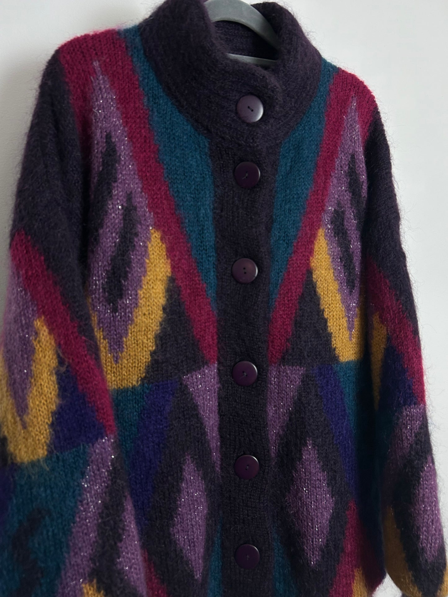 Vintage 1980s YOUR SIXTH SENSE Size XL Oversized Purple Pink Green & Mustard Mohair Mix Chunky Coatigan