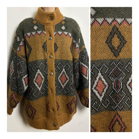 Vintage 1980s One Size Up To Size 16/18 Oversized Tan Brown & Dark Green Abstract Pattern Chunky Lined Coatigan
