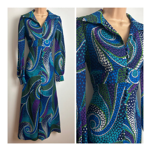 Vintage 1970s Size 10/12 Blue Tones Spotty Swirly Print Long Sleeve Maxi Dress