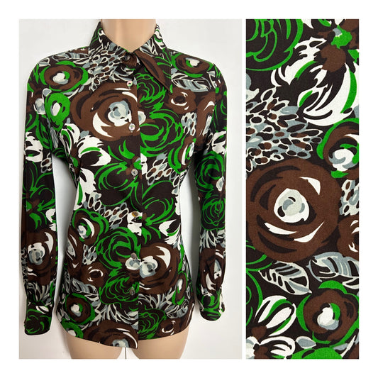 Vintage 1970s Size 8-10 Brown Green & White Floral Print Long Sleeve Shirt